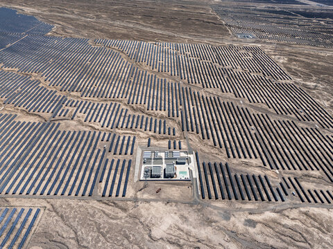 panoramic view of large scale solar power station in desert area