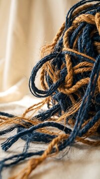 Tangled navy and mustard rope knot close-up, representing complexity and interconnected challenges