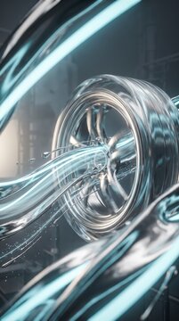 Chrome wheel rim with flowing liquid metal light streams, symbolizing electric mobility and speed