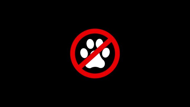 No pets allowed sign with crossed paw print symbol for animal restriction policy safety regulation and public area warning on black background. Motion graphics of concept