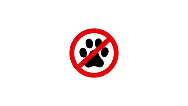 No pets allowed sign with crossed paw print symbol for animal restriction policy safety regulation and public area warning on white background. Motion graphics of concept