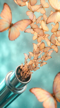 Butterflies emerging from a chrome exhaust pipe, symbolizing transformation and creative freedom