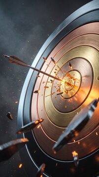 Golden arrow hitting a bronze target bullseye with sparks, symbolizing precision and business goals