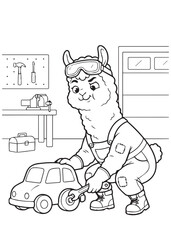 Fototapeta premium coloring page book cute alpaca mechanic repairing a toy car in a workshop, focused animal engineer with tools and automotive repair scene