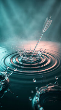 Silver arrow piercing a water surface with a crown splash, symbolizing precision and business focus