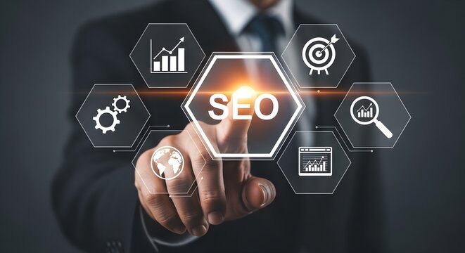 Digital Marketing Strategy businessman hand touching SEO icon with glowing interface and marketing symbols ideal for search engine optimization services and business growth presentations.