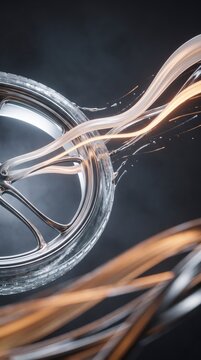 Chrome wheel rim streaming liquid gold and silver light, symbolizing electric mobility