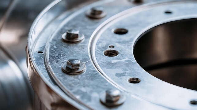 Close-up of a circular metallic industrial flange with bolted fasteners.