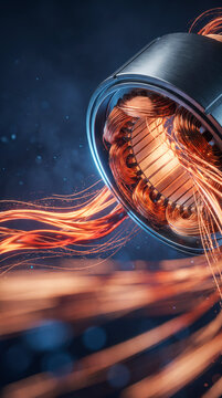 Electric motor stator with copper coil windings sparking, symbolizing engineering innovation