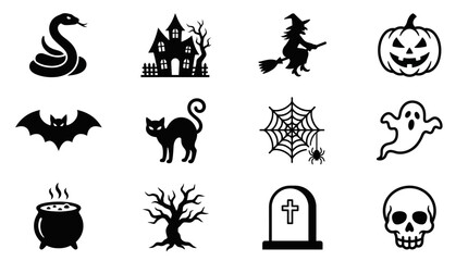 Fototapeta premium Dynamic Halloween Themed Black and White Icons Set Featuring Spooky Symbols Witches and Classic Emblems
