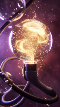Glass light bulb filled with swirling golden energy, symbolizing new ideas and creative innovation
