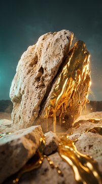 Desert rock split open with molten gold pouring through, symbolizing hidden value and potential