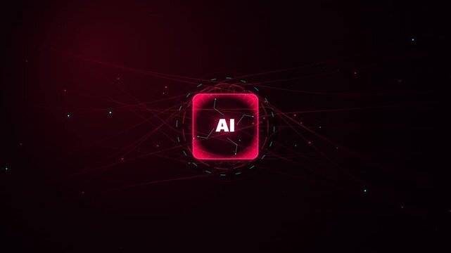 AI concept glowing red core network data flow futuristic digital brain visualization deep learning t