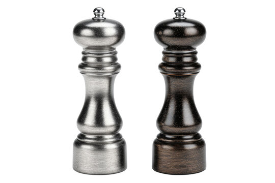 Metallic salt and pepper grinders in silver and dark finish isolated on transparent background