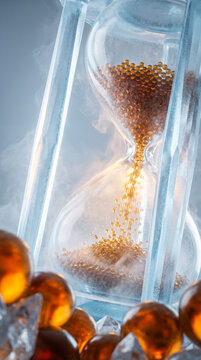 Hourglass with golden liquid beads flowing through misty glass, symbolizing time and value in motion