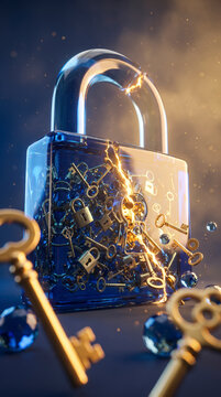 Cracked glass padlock filled with antique gold keys, symbolizing unlocking new opportunity