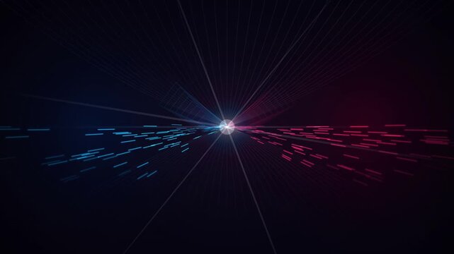 Digital data stream animation showing glowing blue and red particles moving from a central light sou