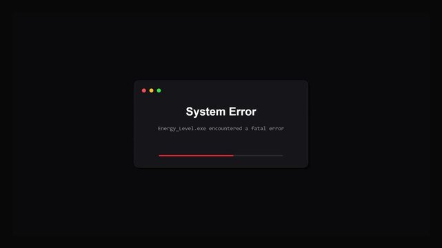 System error message and low battery icon on dark background