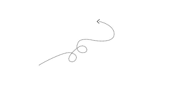 dashed arrow line curving and looping on white background with left-pointing arrow dashed line