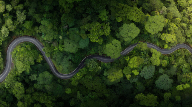 Aerial view of a winding road cutting through dense tropical rainforest, surrounded by lush green tree canopy and soft morning sunlight.