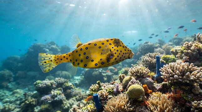 A vibrant yellow boxfish with black spots gracefully swims near a colorful coral reef in clear blue tropical waters, illuminated by sun rays.