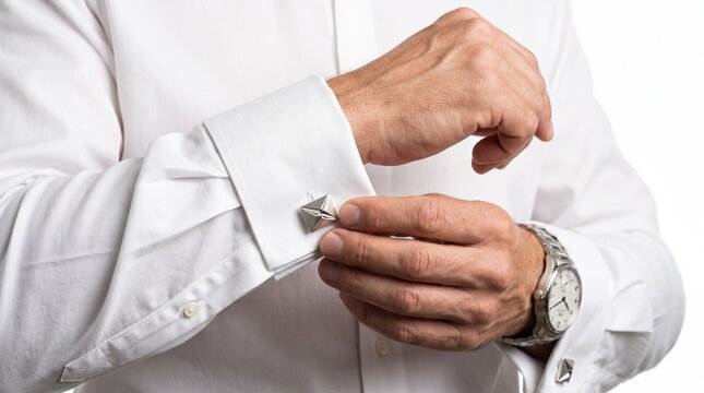 Businessman Fastening Silver Cufflinks on White French Cuff Shirt