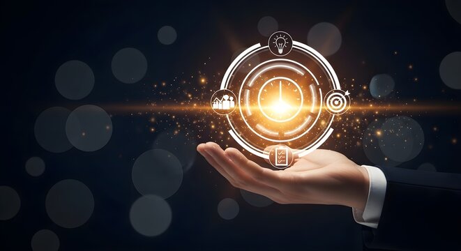 Efficient Time Management Concept businessman hand holding glowing digital clock interface with productivity icons on dark bokeh background ideal for corporate presentations and business strategy.