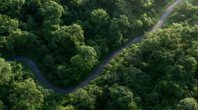 Aerial view of a winding road cutting through dense tropical rainforest, surrounded by lush green tree canopy and soft morning sunlight.