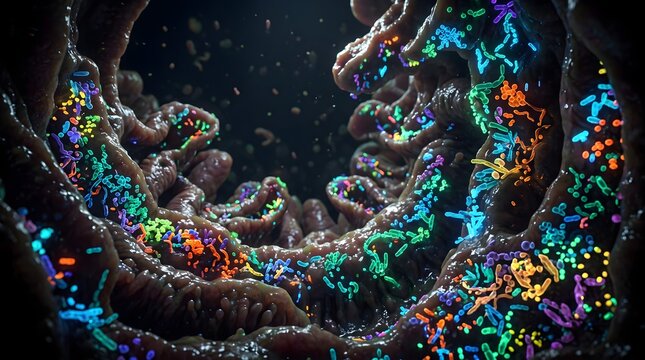 Microbiome gut flora inside human intestine, glowing neon colorful bacteria microbiota rendering, medical biology science background