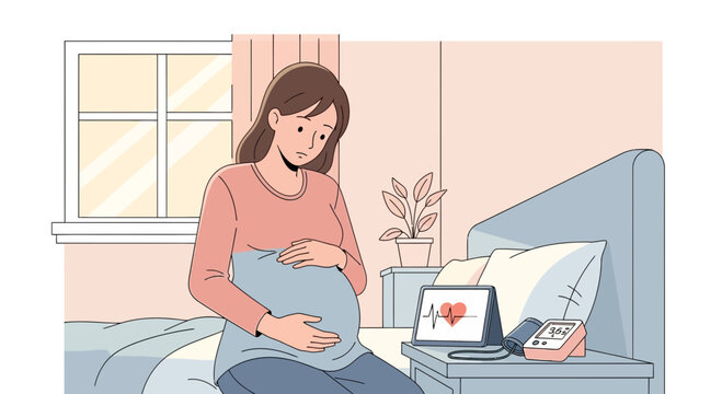 Pregnant woman holding belly, medical monitor nearby, concept of health