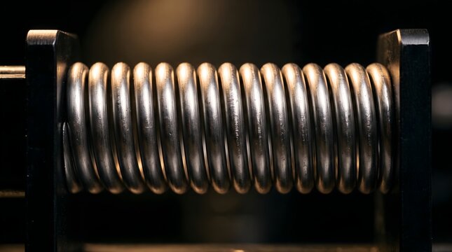 Industrial metal coil spring, heavy duty steel helical spring component, close up metallic spiral hardware