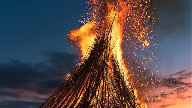 Towering wood pyre engulfed in vivid flames, long dry branches arranged vertically as glowing embers rise into the air, traditional cremation ceremony and funeral ritual concept