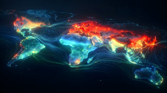 Futuristic digital world map visualization, glowing neon global network heat map background, climate change data connection illustration