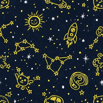 Whimsical yellow doodles of stars, sun, rocket, cat, car, and constellations on a dark blue starry night background.