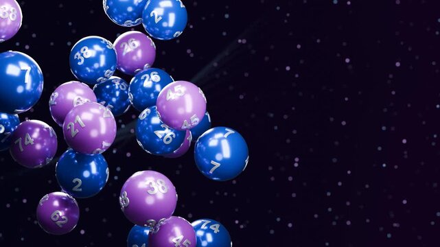 Sapphire amethyst lottery balls numbers gambling jackpot background copy space float along left edge leaving room on right for number draw promotions raffle advertising and entertainment campaigns
