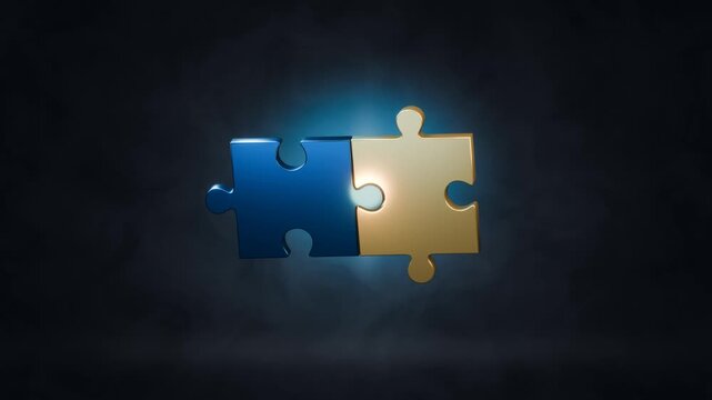 Blue gold puzzle pieces connection abstract business solution teamwork concept move together over a dark smoky background representing cooperation problem solving partnership and collaboration