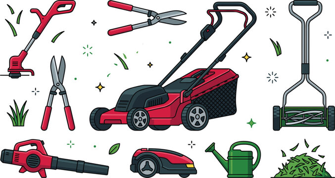 Lawn Care Gardening Equipment Icon Set with Lawnmower Trimmer Leaf Blower Robot Mower and Watering Can Vector Elements