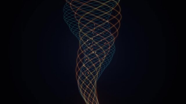 Futuristic glowing spiral mesh vortex with rising orange energy particles on dark background
