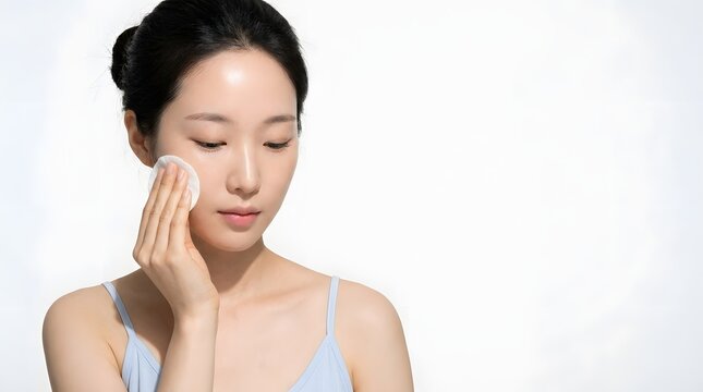 Young Asian woman applying skincare with cotton pad on white background