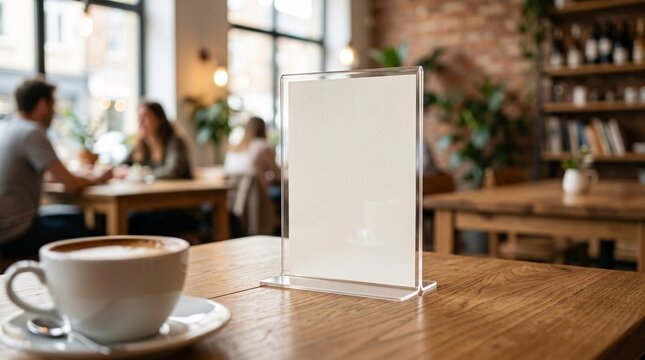 Transparent acrylic table tent menu holder stands on wooden cafe table, blurred white coffee cup in front, soft daylight, clean mockup.