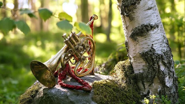 Vintage brass bugle with a braided red cord resting on a moss-covered stone beside a birch tree in a quiet green forest, soft sunlight creating a peaceful memorial atmosphere