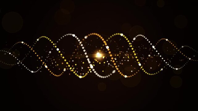 Glowing golden particle DNA double helix waving on dark background with bokeh light flares loop