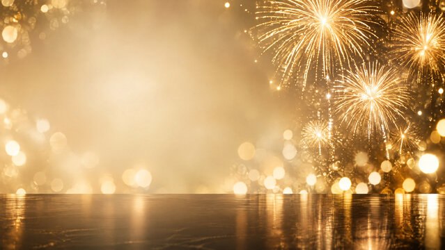 Golden fireworks background with copy space, luxury celebration podium display, bokeh festive stage for products