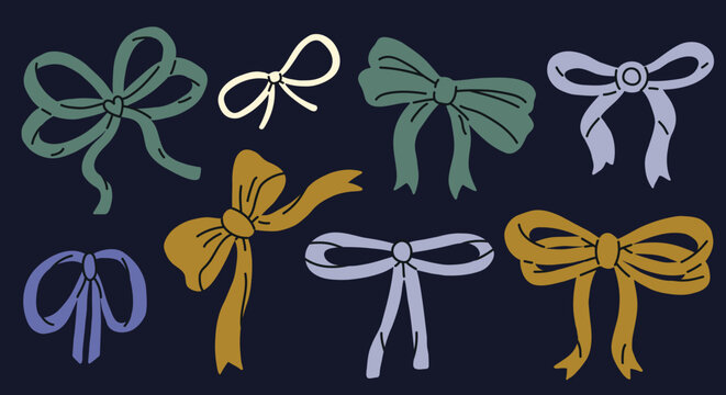 vector Set of colorful hand drawn ribbon bows in different shapes, isolated on a dark background. Decorative elements for gift wrapping, Christmas, birthdays, weddings, invitations, packaging and fest