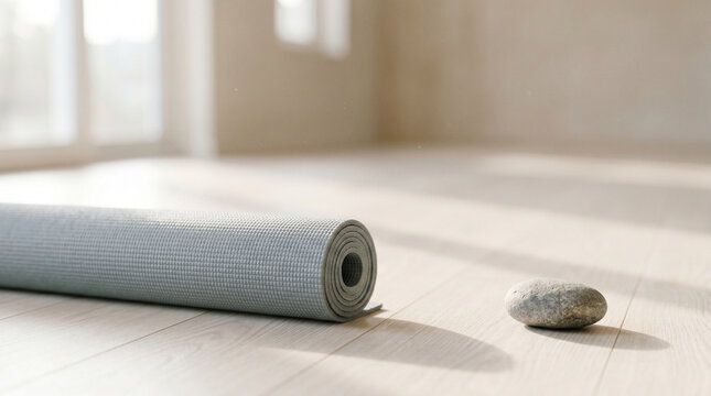 Microscopic grid patterns on a rolled yoga mat contrast with the organic smoothness of a zen stone resting in a sun-drenched wellness environment.