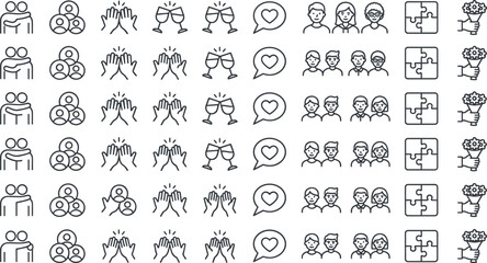 Obraz premium Friendship and Relationship Line Icon Set with Hugging High Five Toasting Glasses Puzzle and Teamwork Group Symbols