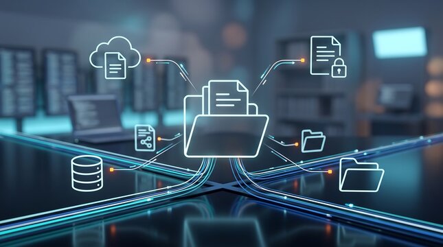 Complex network data routing visualization featuring a central folder icon linked to various cloud and database icons via glowing fiber optic style lines in a server room