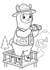 Fototapeta premium coloring page book adorable alpaca nature explorer using binoculars from a scenic lookout, curious outdoor adventurer observing mountains and wildlife