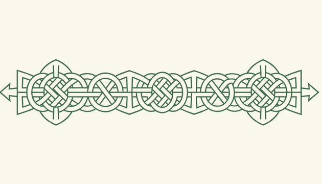 Green celtic knot border design featuring symmetrical interlocking endless loops on a light cream background, vector.