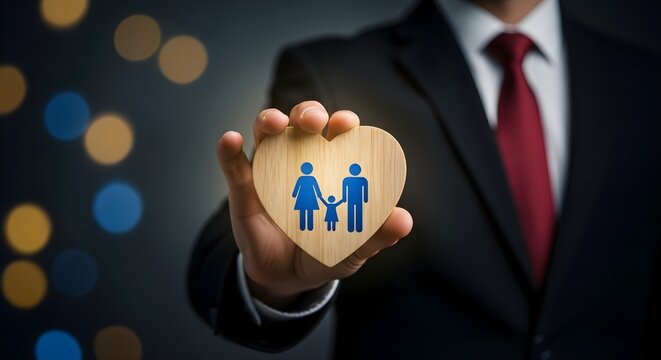 Family Insurance Concept businessman in suit holding wooden heart with family icon against bokeh background ideal for life insurance marketing and financial planning services.